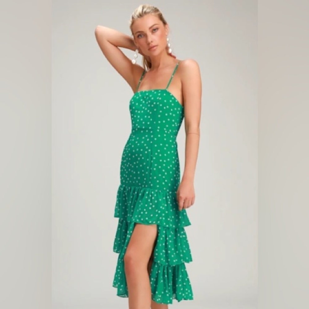 Lulus Nellie Green Polka Dot Ruffled Midi Dress